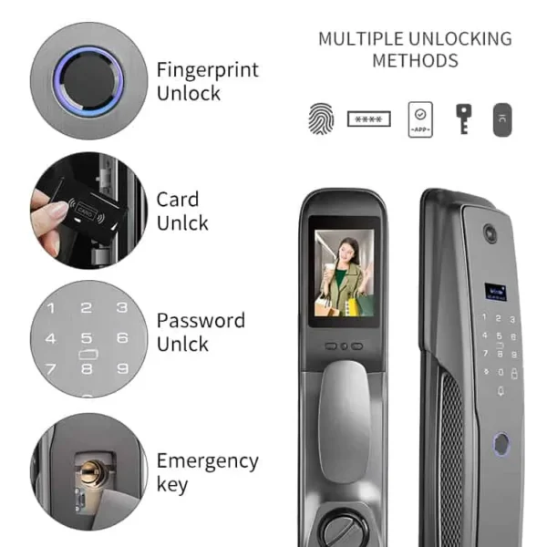 Series 4 Lite WiFi Smart Face Recognition Door Lock With Camera And screen With Video Doorbell With 2 Way Talk App Support + Finger print + RFid + passcode + mechanical key + OTP