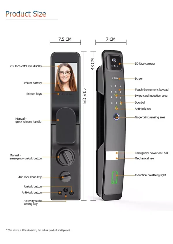 Series 5 WiFi-LE Smart Face Recognition Door Lock With Camera And screen with Active Doorbell Feature 2way Talk + Any Time Mobile App Unlock + Finger print + RFid + passcode + mechanical key + OTP + Direct Scene Intigration with limited TUYA VDP & Doorbells + 3rd Party VDP Integration (Optional)